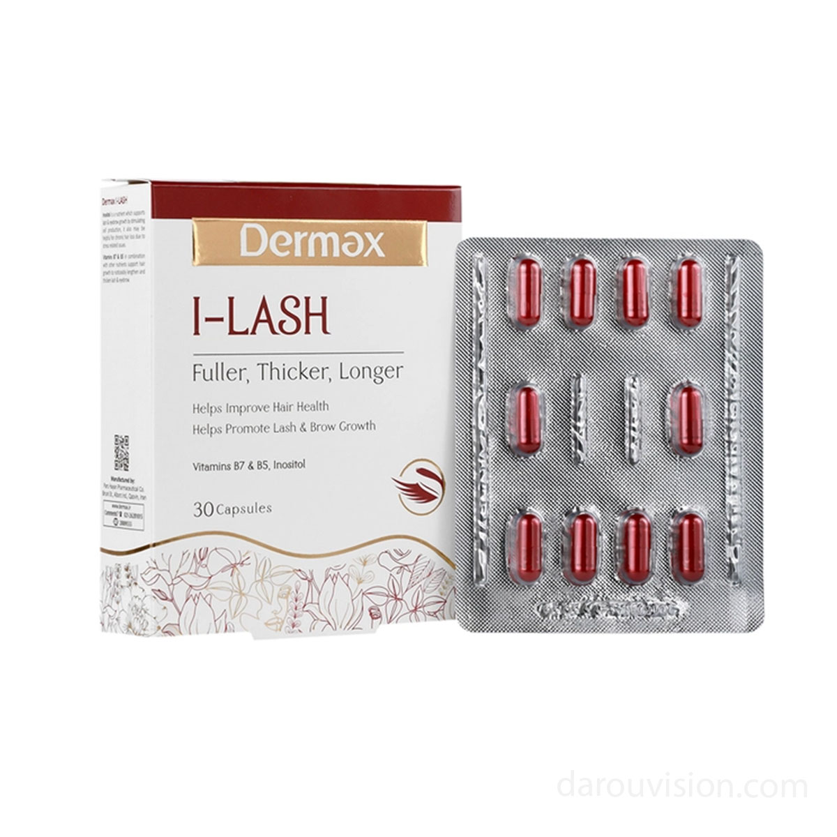 کپسول آی‌لش درمکس | مکمل تغذیه‌ای تقویت مو، مژه و ابرو | مکمل تقویت رشد و ضخامت مژه و ابرو | ۳۰ عددی
